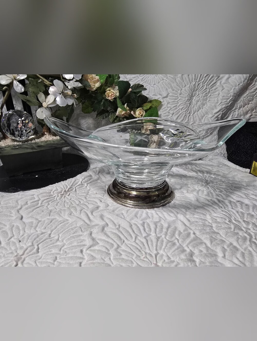 Vintage MCM Two Part Nut Or Candy Bowl, Silver Base 1960s, Etched